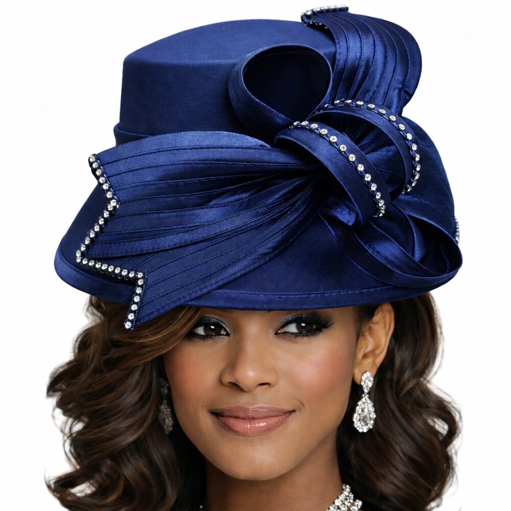 Navy Satin Church Hat w/ Rhinestone Bow